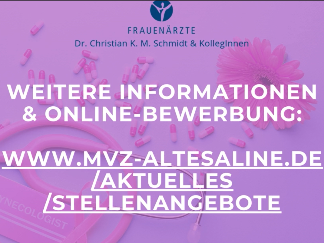 Das Bild zeigt einen lila Hintergrund mit verschiedenen Elementen, darunter rosa Pillen, ein rosa Stethoskop und eine rosa Blume. Oben im Bild befindet sich ein Logo mit dem Text "FRAUENÄRZTE" und darunter "Dr. Christian K. M. Schmidt & KollegInnen". Der Haupttext in der Mitte des Bildes lautet: "DU BIST FACHÄRZTIN /FACHARZT FÜR FRAUENHEILKUNDE?"